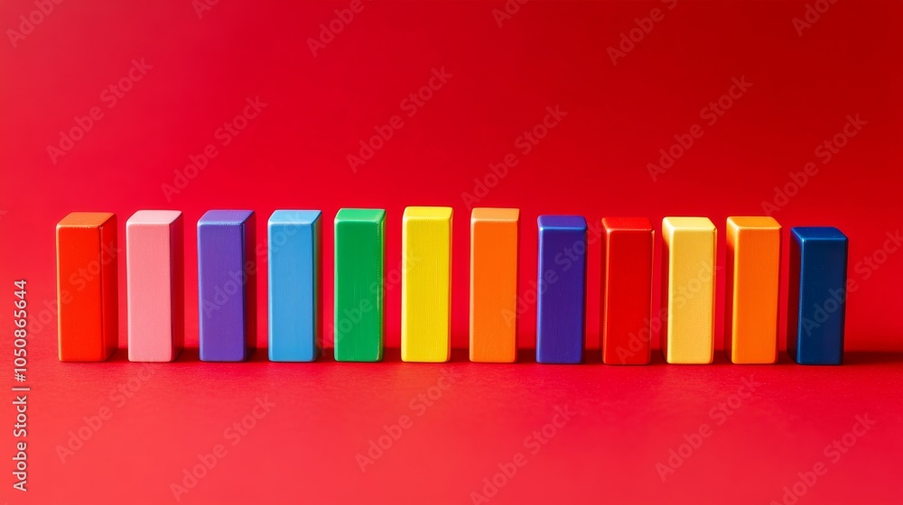 Aufkleber A row of colorful dominoes standing on a solid red background representing diversity and interdependence, Highlighting the chain reaction created by diverse individuals, minimalistic style