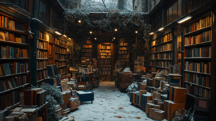 Obraz premium Cozy Winter Bookstore with Snow and Warm Lights