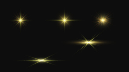 Set of glitter golden light effects isolated on black background. Set of golden stars. Vector illustration