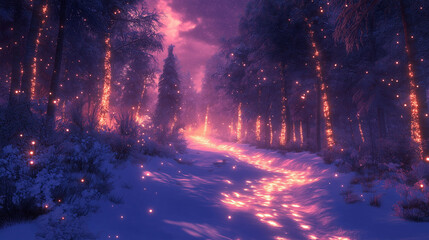 Fototapeta premium Enchanted Forest Path Glowing in Purple Twilight