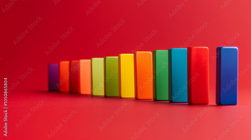 Aufkleber A row of colorful dominoes standing on a solid red background representing diversity and interdependence, Highlighting the chain reaction created by diverse individuals, minimalistic style