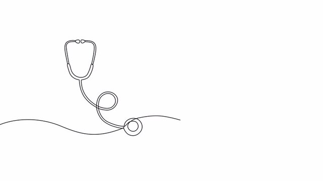 Video. Medical stethoscope depicted with one solid editable line. Doctor's instrument. World health day, medical research concept, doctor's equipment. Animation on white background. 4K.