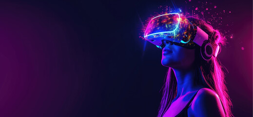 Young woman using glowing VR glasses on panoramic dark background, adult girl playing futuristic headset with neon light. Concept of technology, virtual reality, future