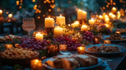 Fototapeta premium Elegant Holiday Toast with Sparkling Glasses and Festive Foods