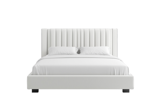 Elegant white bed with tufted headboard positioned in a well-lit bedroom showcasing minimalist design and modern aesthetics