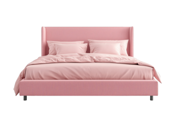 Elegant pink upholstered bed with soft linens in a modern bedroom setting, designed for comfort and style