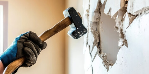 Gloved hand of a worker holding a hammer and breaking an old wall in an apartment, repairing, dismantling
