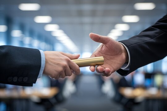 Hands passing relay baton close-up, symbolizing smooth teamwork handover, trust, and collaboration in business; ideal for presentations, websites, and teamwork campaigns. - Powered by Adobe