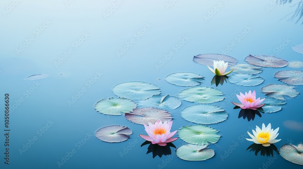 Poster a serene scene of a tranquil lake with different colored lily pads and flowers floating on its surfa
