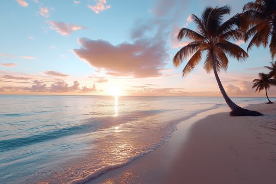 Tropical beach at sunset and palm trees - Powered by Adobe