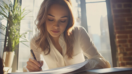 Woman Concentrated on Writing in Sunlit Room