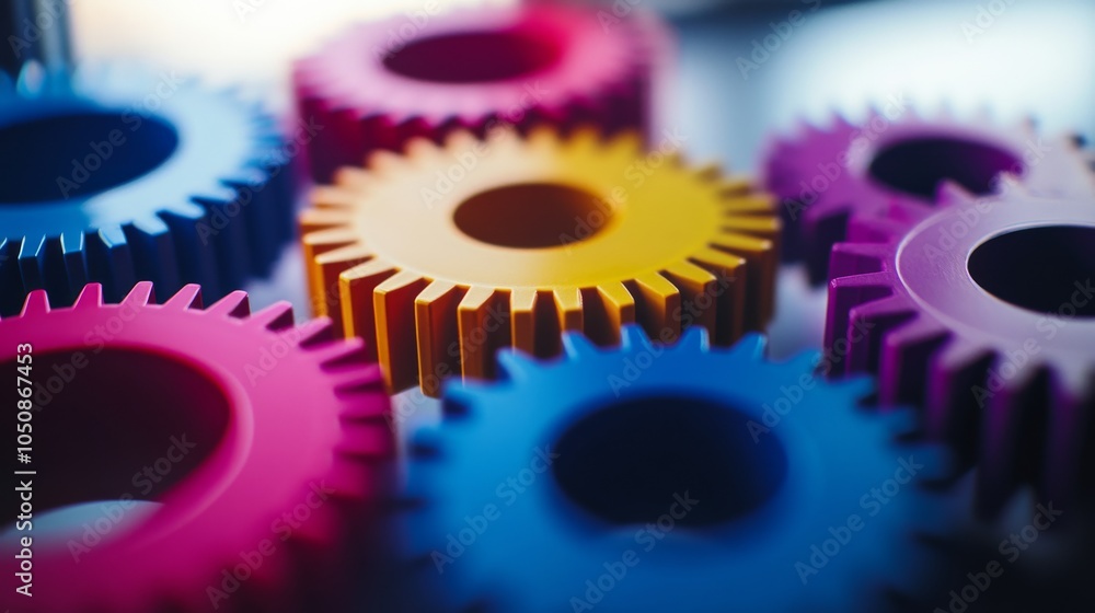 Poster a series of interconnected gears in different colors and sizes, depicting the collaborative mechanis