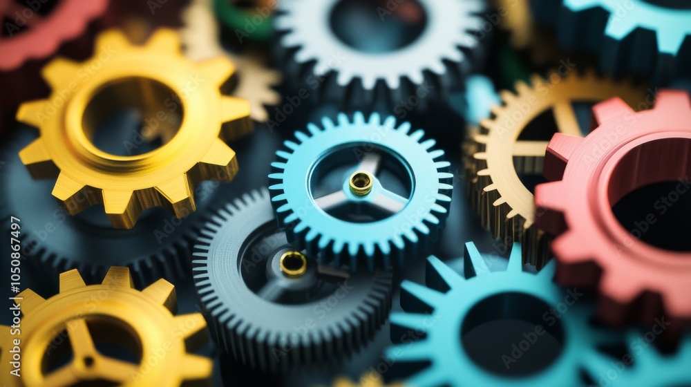 Poster A series of interconnected gears in different colors and sizes, Depicting the collaborative mechanisms of equity and fairness, photography style