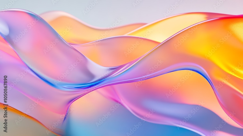Poster A series of overlapping translucent waves in a spectrum of colors, symbolizing the blending and harmony of diverse experiences and viewpoints, minimalist style
