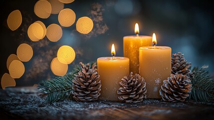 Christmas candles with pinecones and bokeh lights