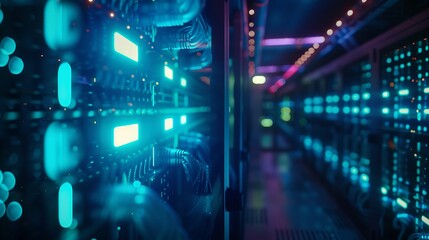 Data center: Row of servers and LED lights, with engineers monitoring