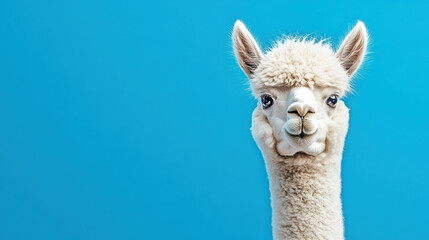 Obraz premium Adorable Alpaca Face Against Blue Background