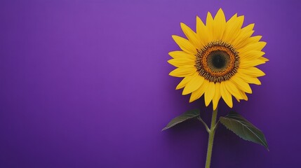 Obraz premium A single bright yellow sunflower on a solid purple background symbolizing diversity and growth, Highlighting the potential and beauty in diverse environments, minimalistic style