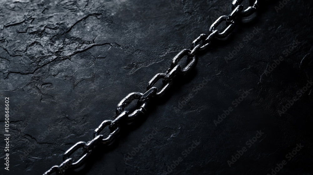 Poster a single broken chain on a dark background, representing the issue of human trafficking and modern s