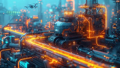 Fototapeta premium Smart Infrastructure in Action, a construction site for a smart city project with advanced machinery controlled by AI. Show automated drones, 3D-printed building sections,