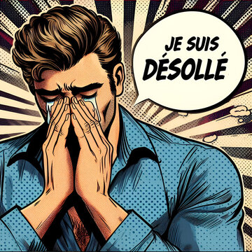 Un homme pleure dans ses mains en disant que je suis d&eacute;sol&eacute;