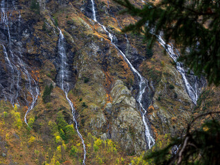 Powerful Mountain Waterfalls in Autumn Colors, Belledonne Massif, French Alps