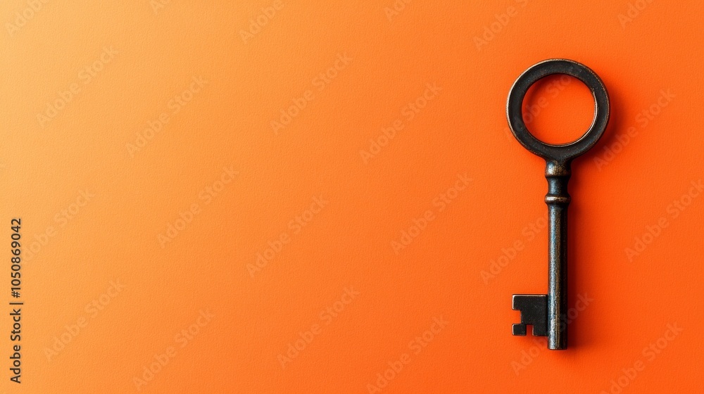 Poster a single key on a bright orange background symbolizing access and opportunity, highlighting the pote