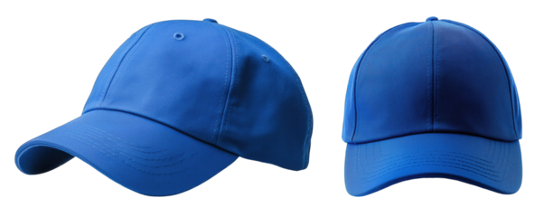 Two different blue baseball caps displayed side by side, showcasing varying shades and designs in natural light