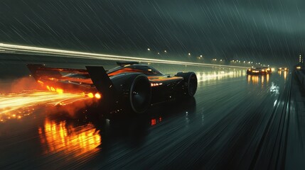 Sleek Open-Wheel Racing Car in Heavy Rain at Silverstone: Dynamic Aerial View with Rooster Tail, Light Trails, and Reflective Floodlights in a Moody Atmosphere.