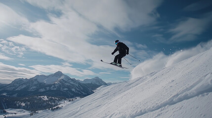 Skiing Action Shot of Skier Jumping Over Snowy Ridge with Mountains