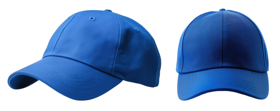 Two different blue baseball caps displayed side by side, showcasing varying shades and designs in natural light