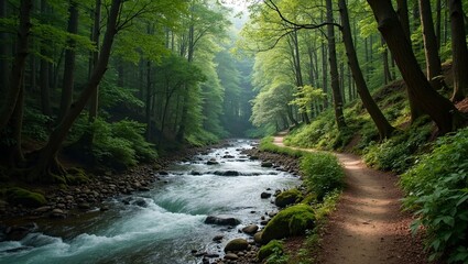 Obraz premium Scenic trail winding along river through dense forest