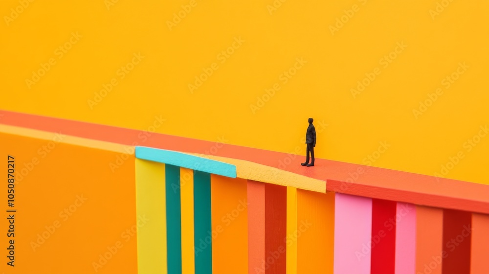 Poster A small figure standing on a colorful bridge against a solid orange background representing connection and inclusivity, Highlighting the pathways created by diversity, minimalistic style