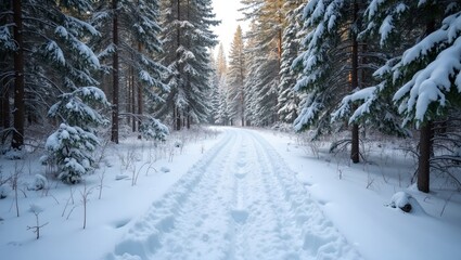 Obraz premium Serene winter forest scene with snow covered trail and animal tracks
