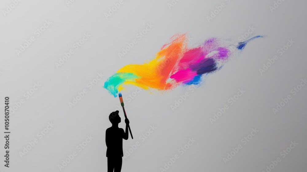 Poster a small silhouette holding a paintbrush with colorful strokes on a solid gray background representin