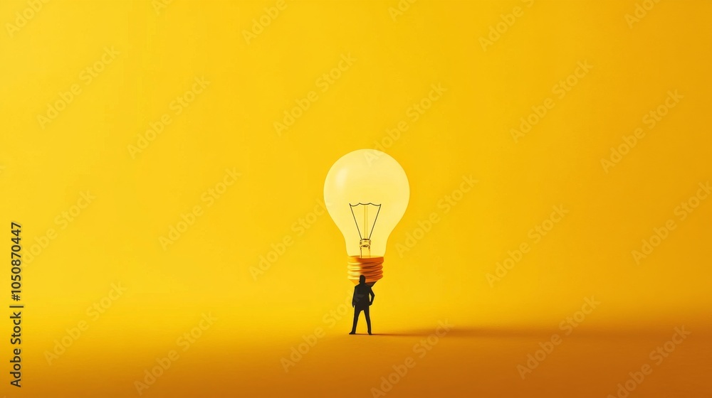 Poster a small silhouette standing under a glowing light bulb on a solid yellow background representing enl