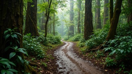 Obraz premium Explore a muddy rainforest path with towering trees and hanging vines