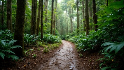 Obraz premium Explore a muddy rainforest path with towering trees and hanging vines