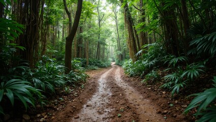 Fototapeta premium Explore a muddy rainforest path with towering trees and hanging vines