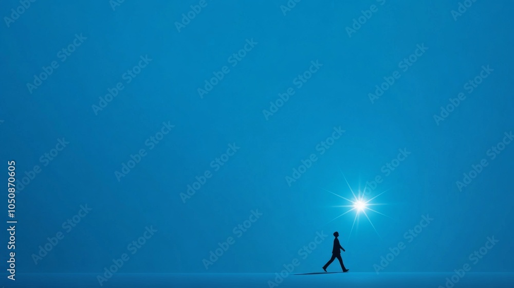 Poster a small silhouette walking towards a bright star on a solid blue background representing guidance an