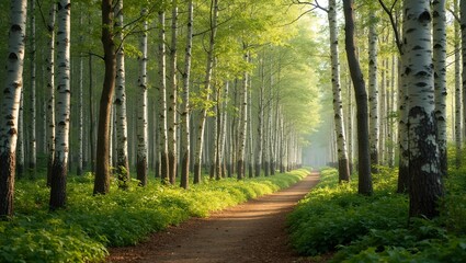 Obraz premium Tranquil forest trail lined with tall birch trees in soft morning light
