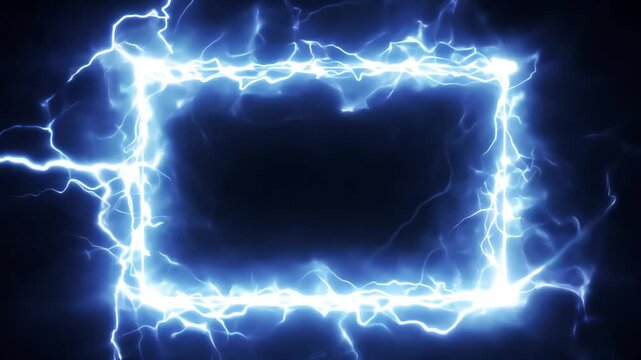 Purple lightning frame on black background. Neon rectangle design with electric effect animation. Power and energy concept. Future technology and electricity