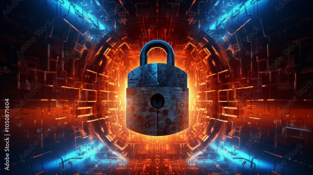 Poster glowing padlock on a digital circuit board to represent advanced cybersecurity.