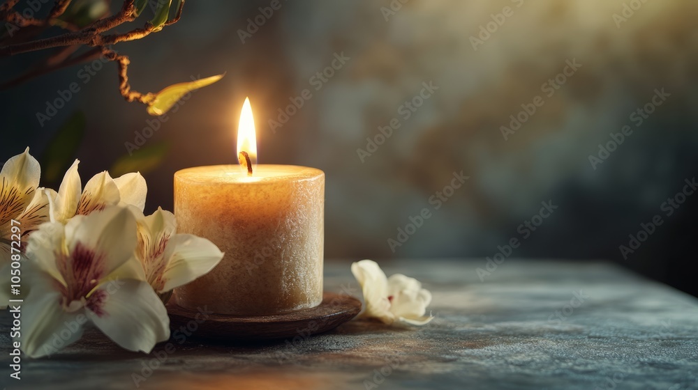 Aufkleber burning candle on a dark background with some flowers creates a relaxing and calm atmosphere. perfec