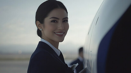 Flight attendant standing by airplane, smiling at passengers outside aircraft. AI-generated