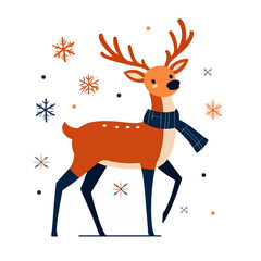 Friendly deer with a scarf, looking cozy and surrounded by tiny snowflakes