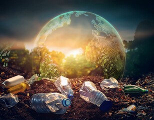 Solid waste thrown into nature among many trees, in the background is the large planet Earth. International Zero Waste Day