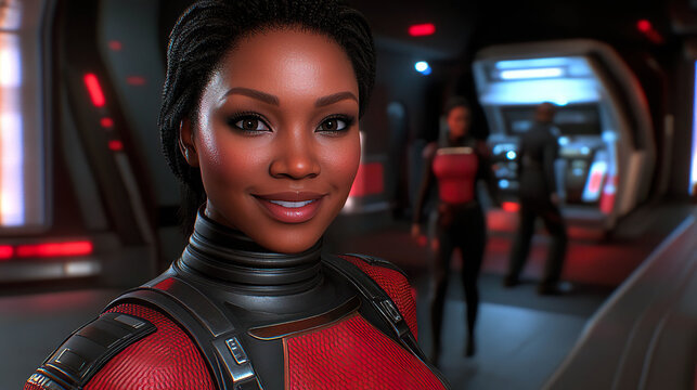 Smiling astronaut in futuristic suit inside spaceship with vibrant lighting. AI-generated