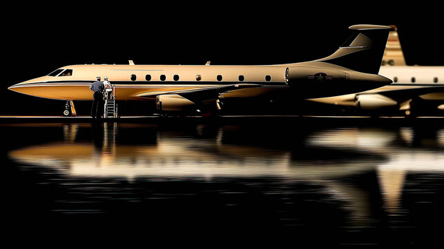 Private jet on runway with reflective lighting at night. AI-generated