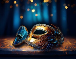 Blue and gold colored mask, it is decorated to be used in theater, carnival and dance events.